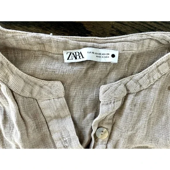 Zara beige flax linen distressed peasant cropped top XS - Picture 3 of 5